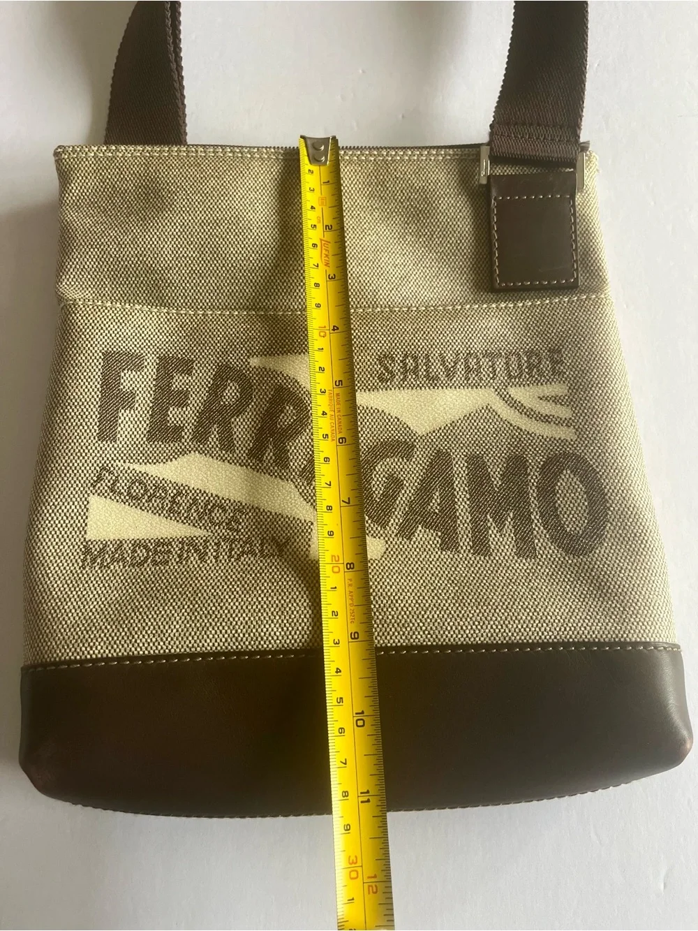 Salvatore Ferragamo Crossbody Messenger Bag Beige Brown Coated Canvas Leather